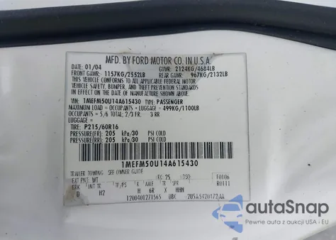 2004 Mercury Sable Gs from USA, damaged, VIN 1MEFM50U14A615430